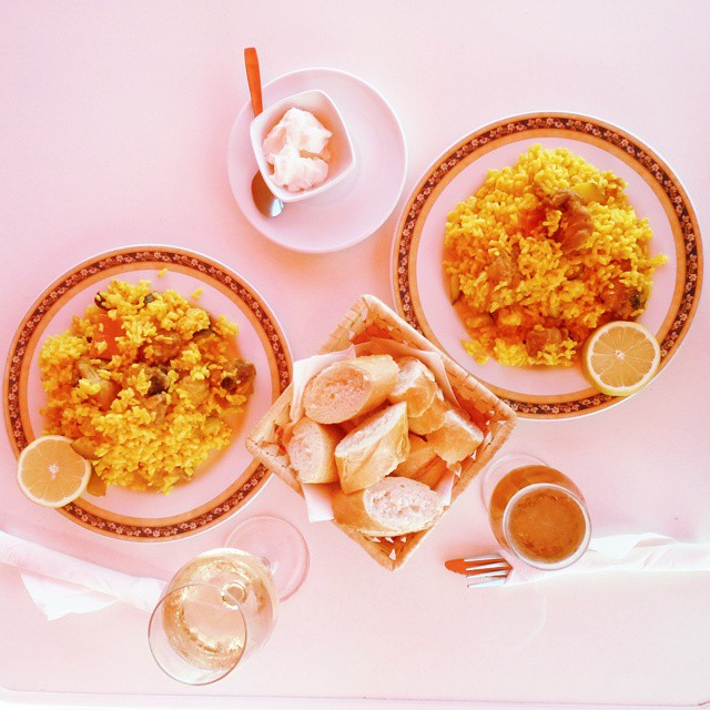 Bird's Eye View. Paella, bread with alioli sauce and white wine!